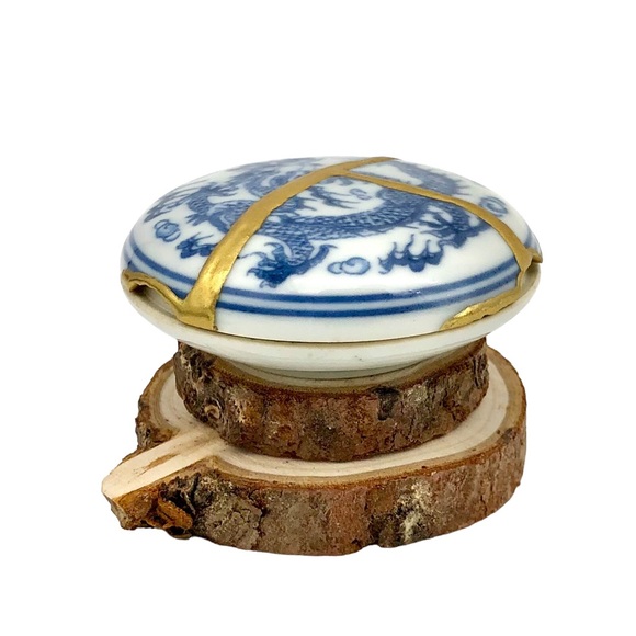 Kintsugi Chinese Porcelain Dragon 5-Claw Blue White Box Gold Crack Growth Gift - Picture 11 of 16